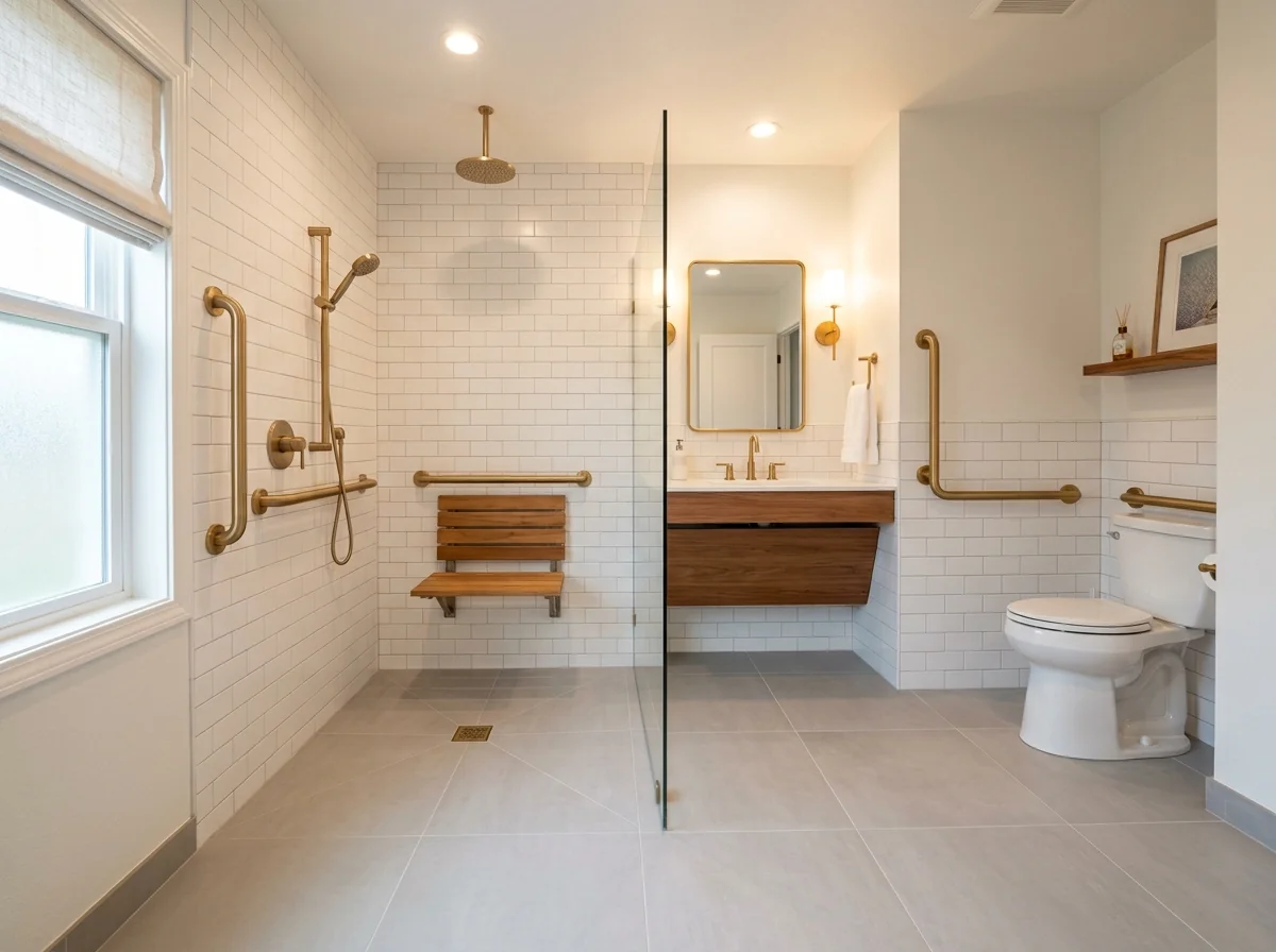 Accessible bathroom remodel with curbless roll-in shower, fold-down teak bench and brass grab bars, Conroe TX