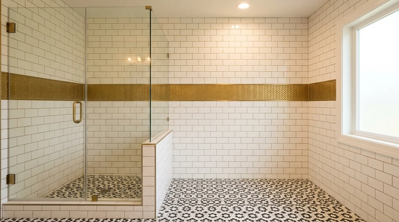 White subway tile shower with gold herringbone accent band and black-and-white hex mosaic floor, Conroe TX