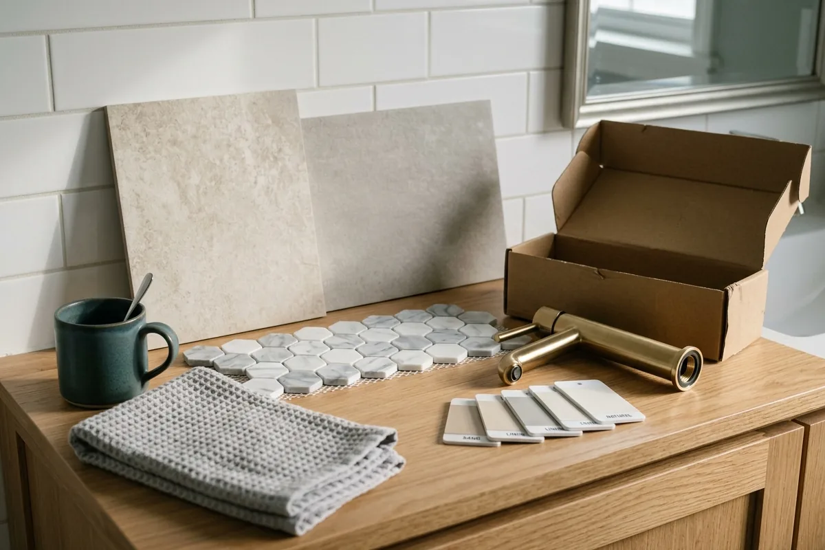 Tile samples, grout colors and a brushed gold faucet laid out on a bathroom vanity during material selection