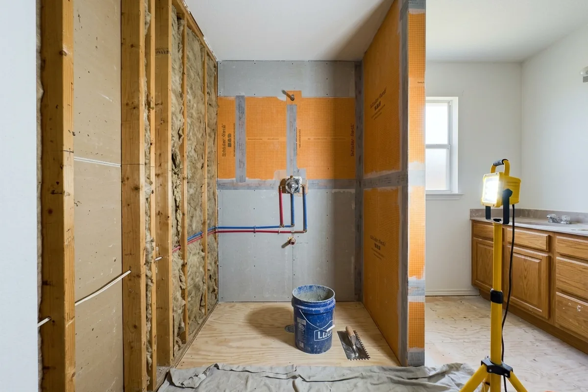Bathroom mid-renovation with walls open to the studs and a new waterproofing membrane on the shower walls