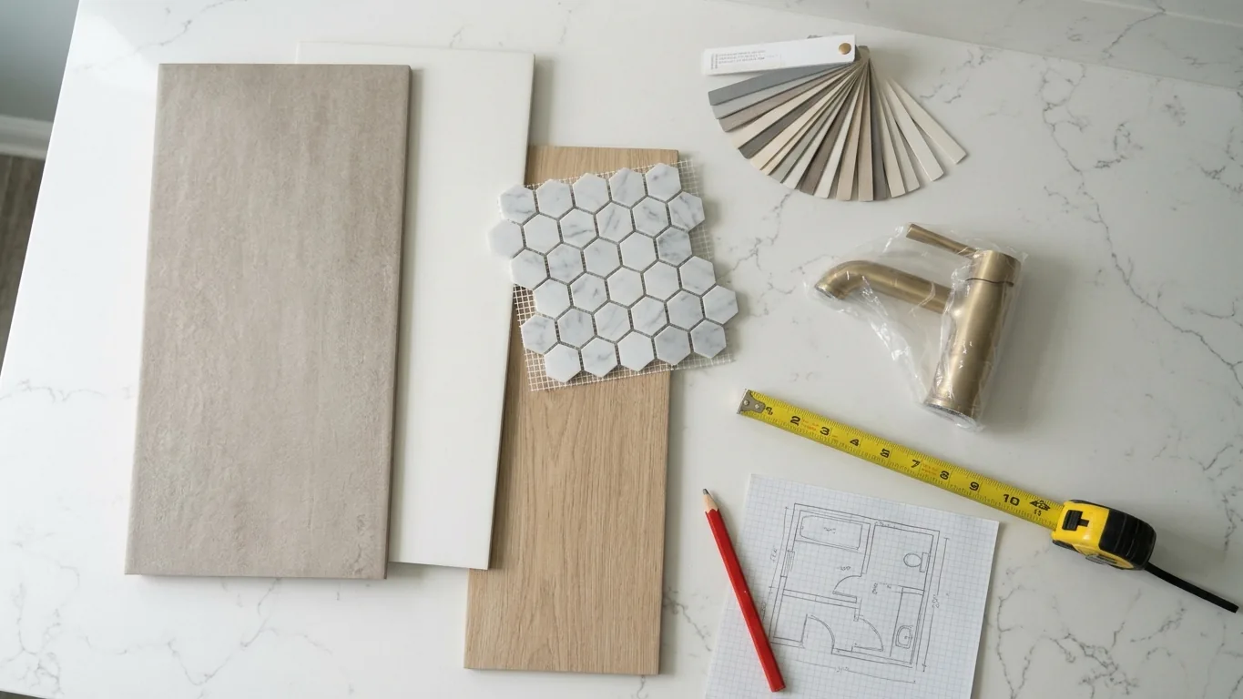 Bathroom remodel planning with tile samples, a measuring tape and a floor plan on a vanity countertop