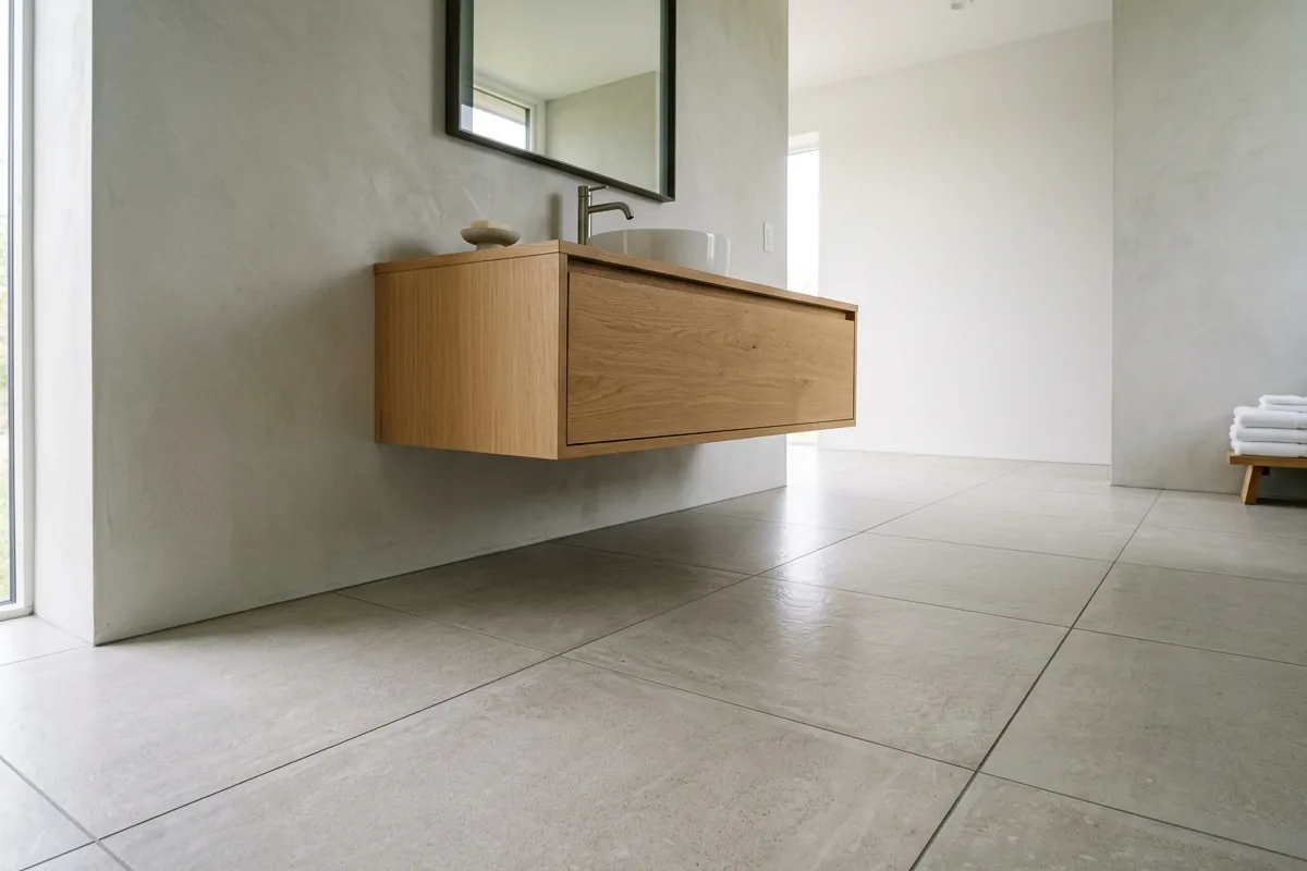 Large-format porcelain floor tile with thin, even grout lines next to a floating vanity