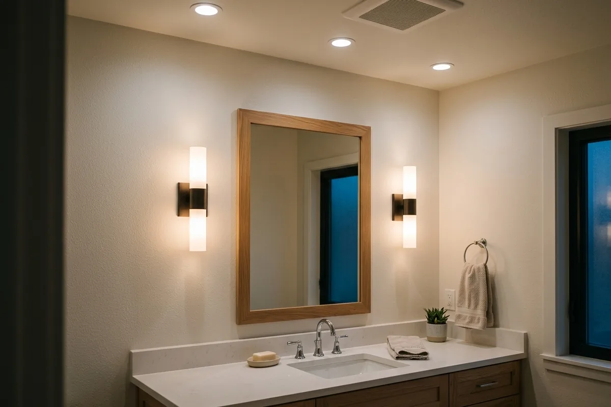 Bathroom with a quiet ceiling exhaust fan, recessed lighting and vanity sconces on either side of the mirror