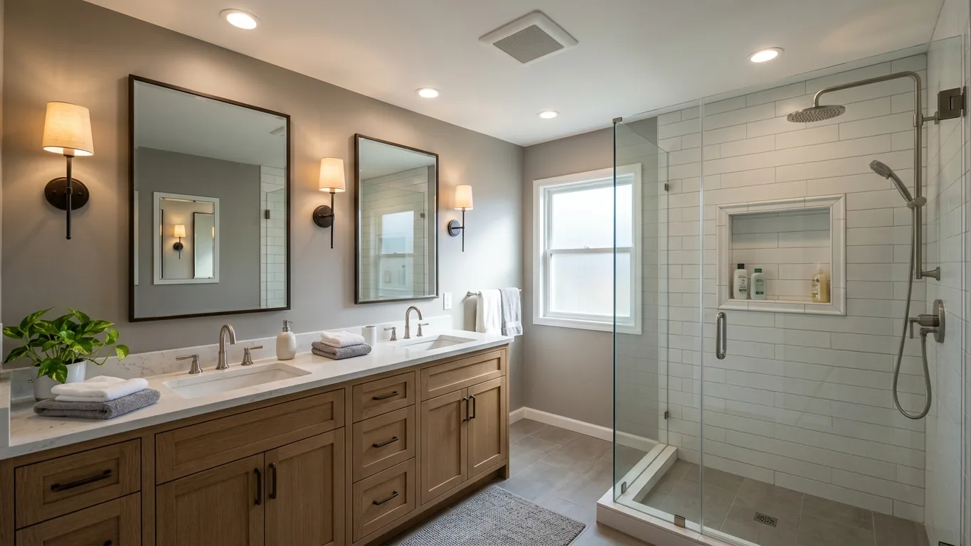 Well-planned bathroom with good ventilation, layered lighting and built-in storage niches