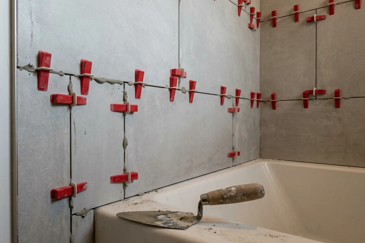 Freshly set large-format shower wall tile with leveling clips in place, curing before grout