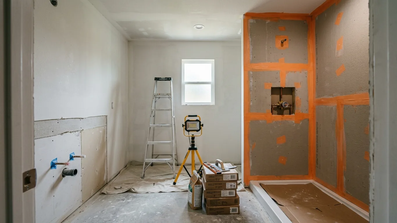 Bathroom mid-remodel with new cement backer board and waterproofing membrane on the shower walls