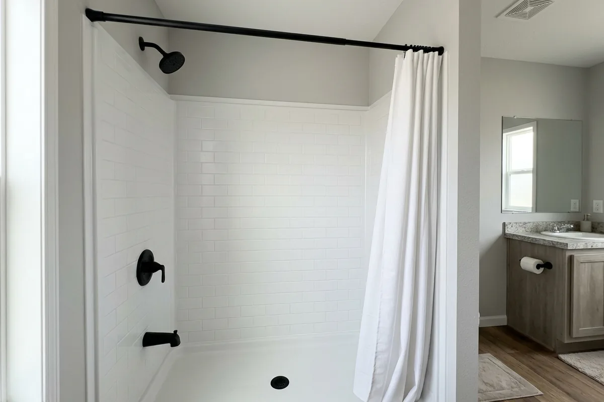 New tile-look acrylic shower surround with matte black fixtures in a manufactured home bathroom