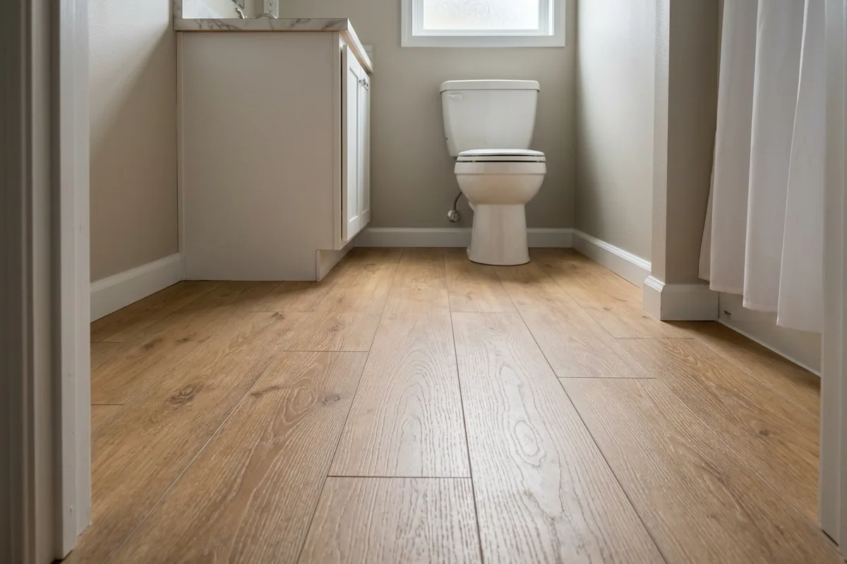 Waterproof luxury vinyl plank flooring in a warm oak tone in a small mobile home bathroom