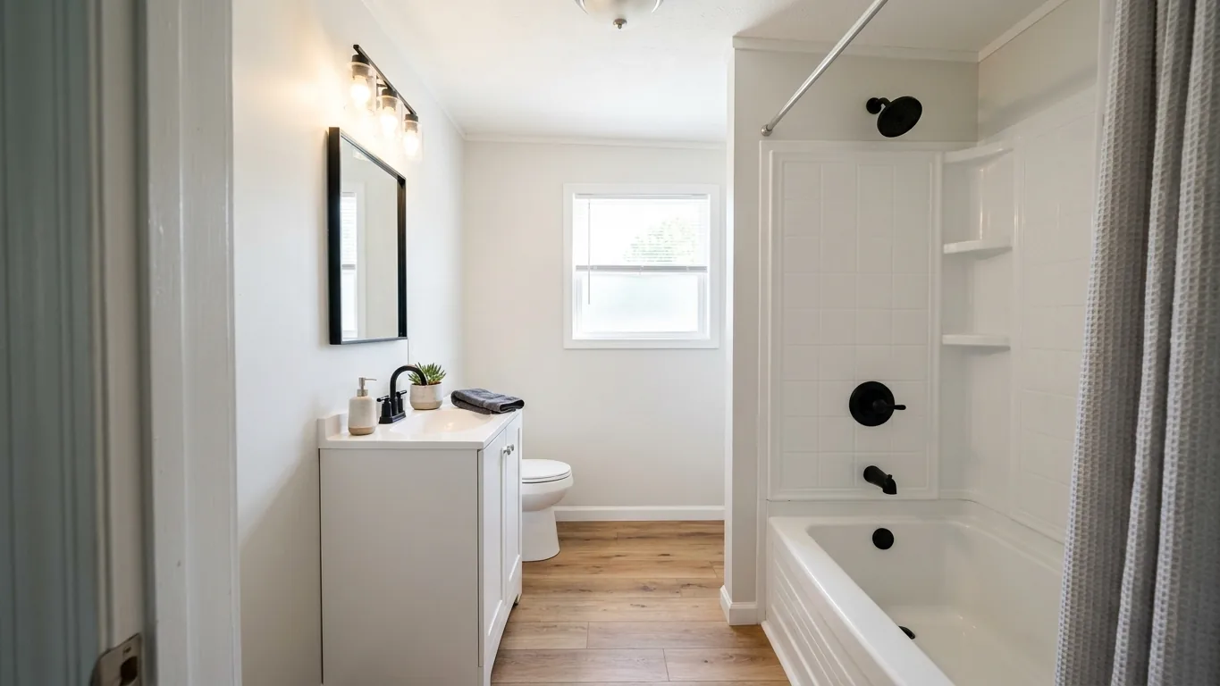Updated manufactured home bathroom with a new acrylic shower surround, luxury vinyl plank floor and a compact vanity