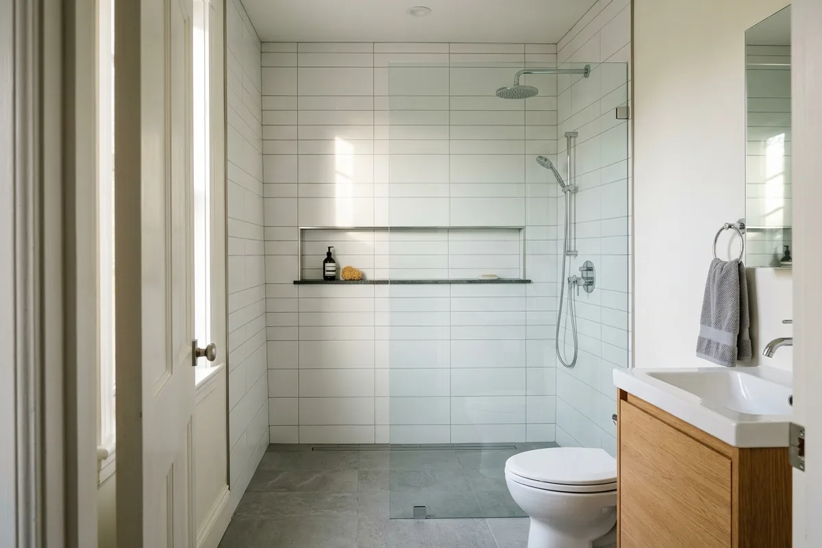 Small bathroom remodel showing curbless walk-in shower with frameless glass where a tub once was