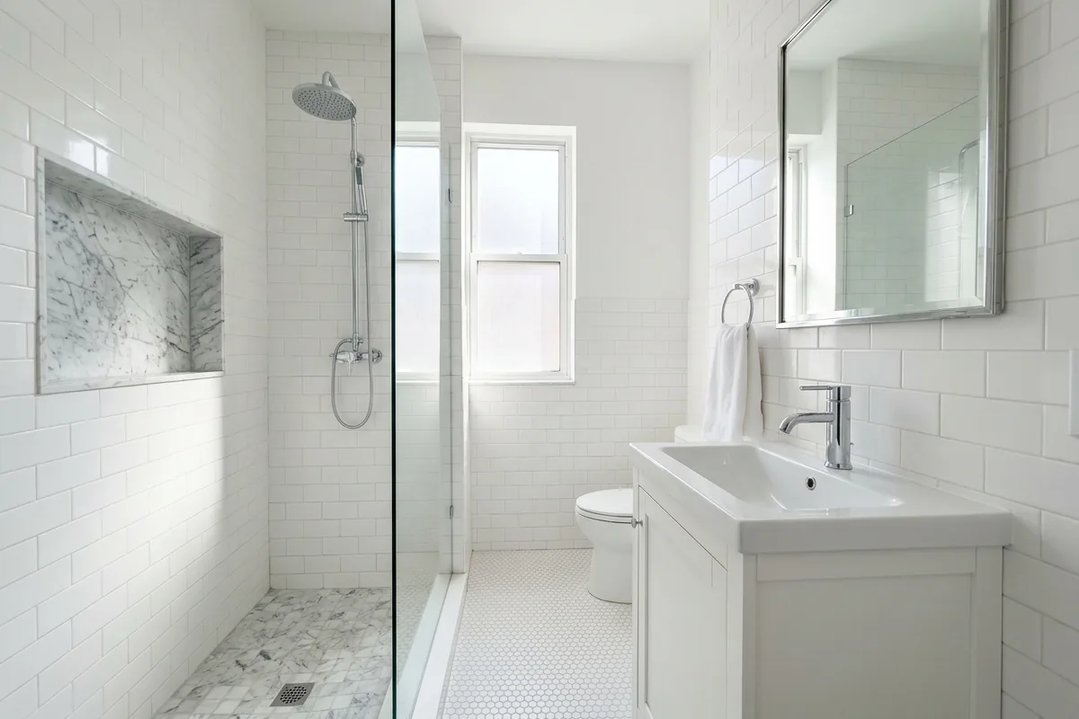 Small bathroom with all-white tile as the base, with a single marble or specialty tile used for niche, floor, or shower wall accent