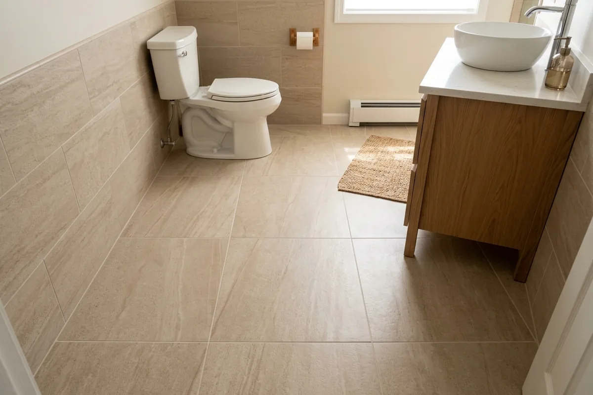 Small bathroom with 24×24 porcelain tile in a warm stone look, showing fewer grout lines and spacious appearance