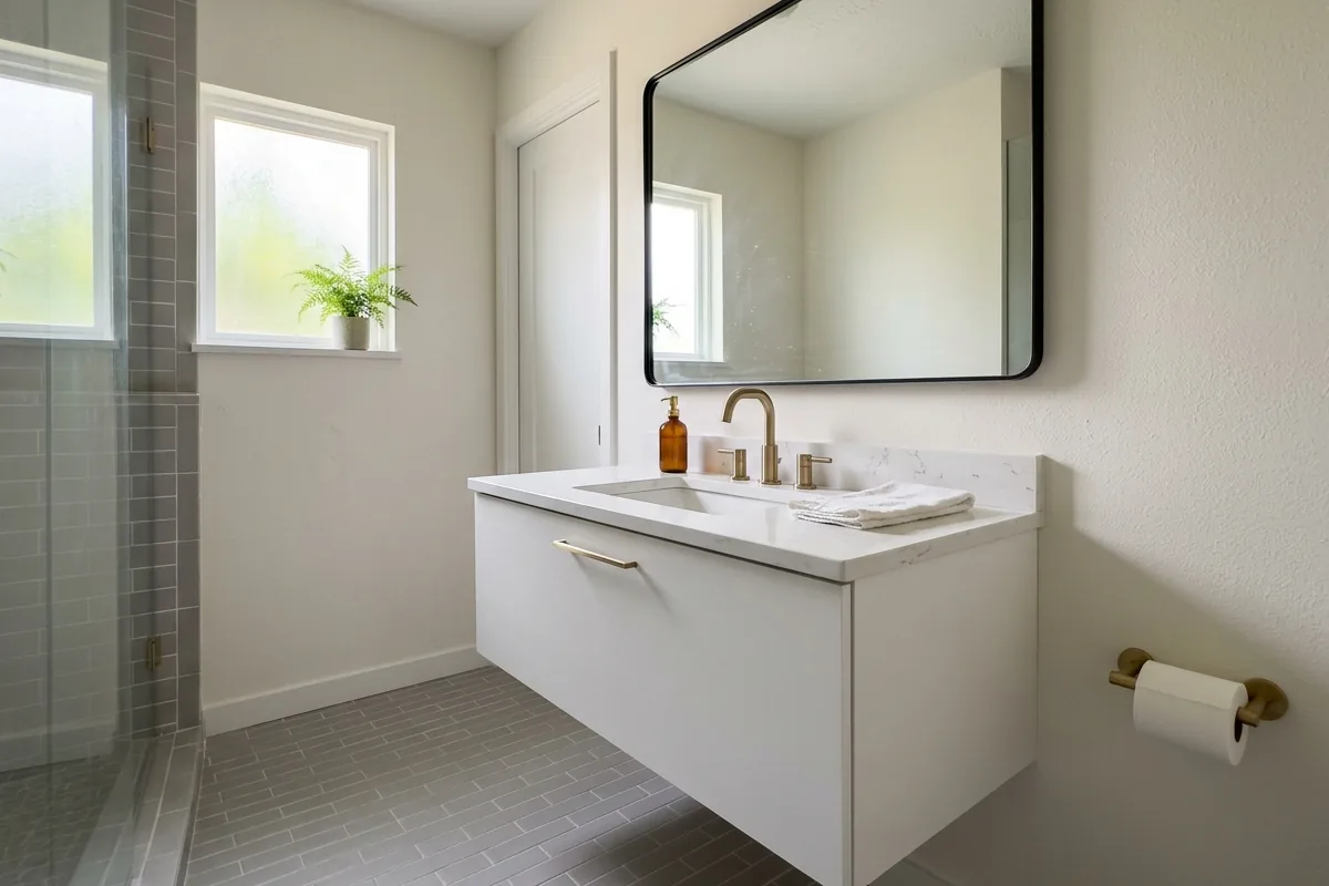 Small bathroom with white floating vanity mounted to wall, floor tile visible beneath, creating a spacious feel