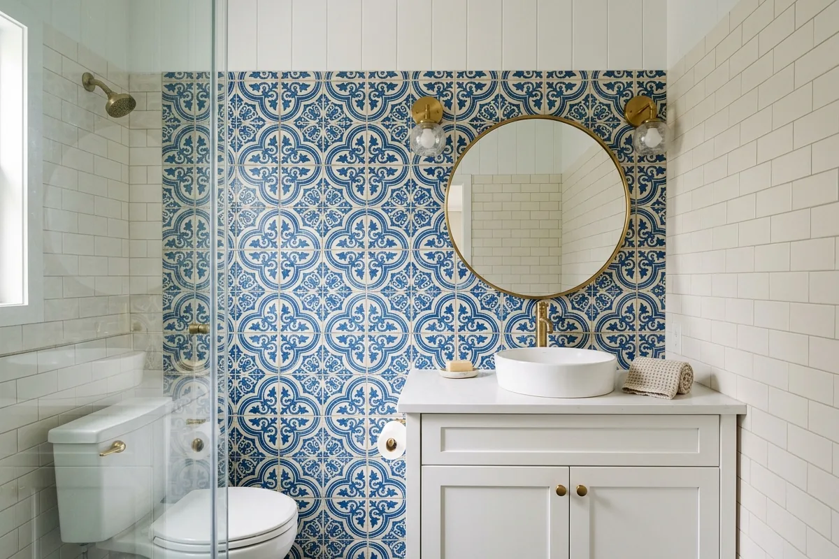 Small bathroom with a single accent wall of geometric or patterned tile, neutral tile on remaining walls