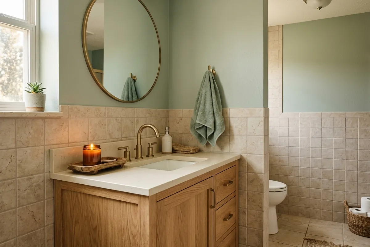 Small bathroom in warm beige porcelain tile, warm-toned vanity, and soft sage green accents