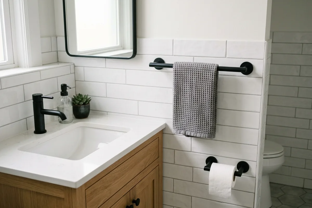 Small bathroom with matte black faucet, towel bar, and toilet paper holder creating a cohesive, modern look