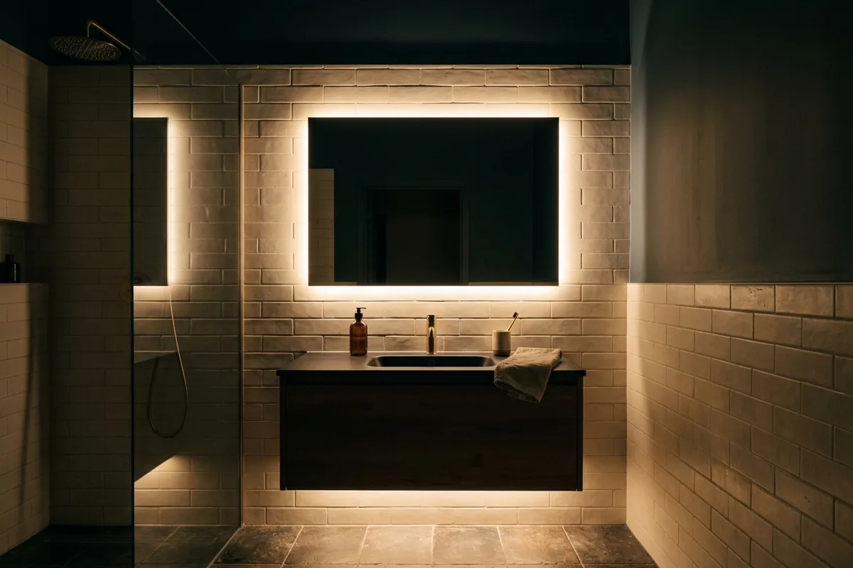 Small bathroom with LED backlit mirror and soft under-vanity glow lighting, no overhead fixture visible