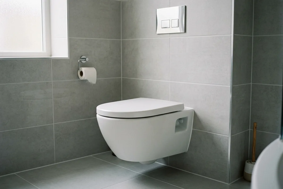 Small bathroom with wall-hung toilet, concealed tank in wall, floor fully visible beneath toilet