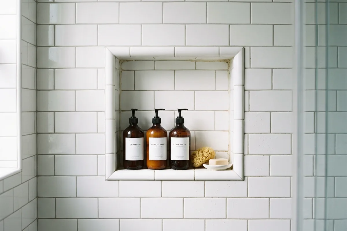Small bathroom with tiled recessed niche replacing a wire rack or open shelf, keeping wall surface clean