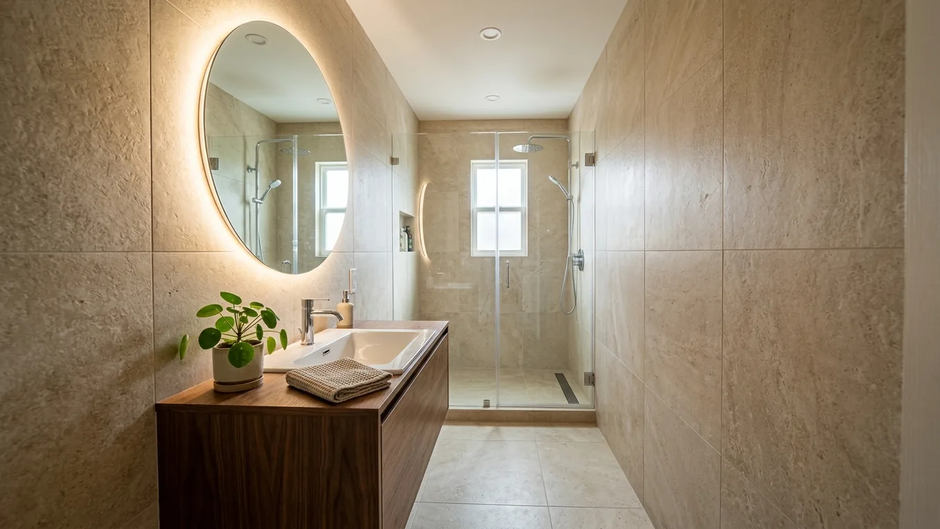 Small modern bathroom with a floating vanity, large-format warm stone tile and a frameless glass shower