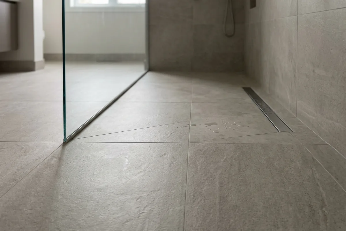 Curbless walk-in shower with seamless tile floor and linear drain