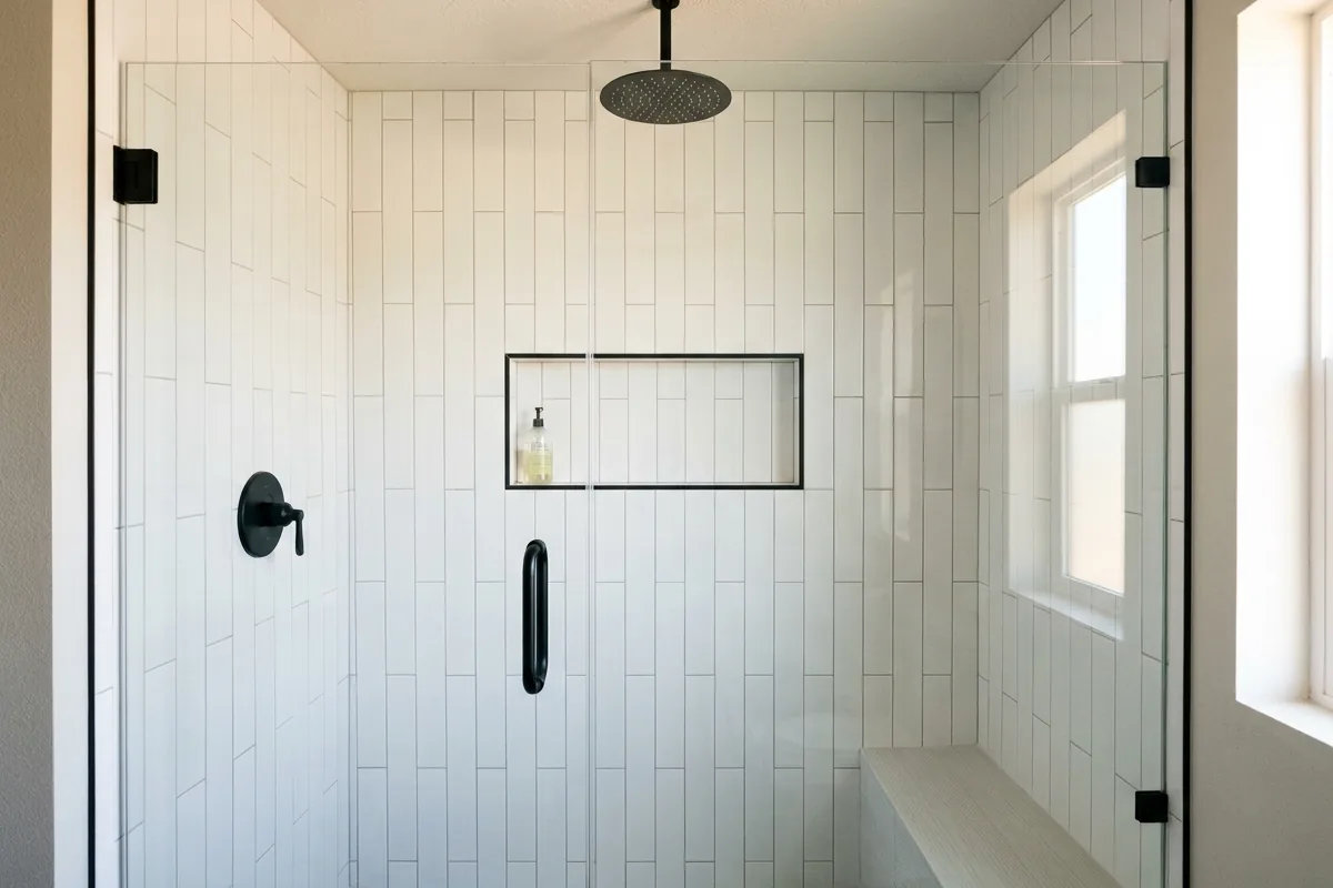 Walk-in shower with crisp white subway or large-format tile and matte black fixtures, showerhead, and glass hardware