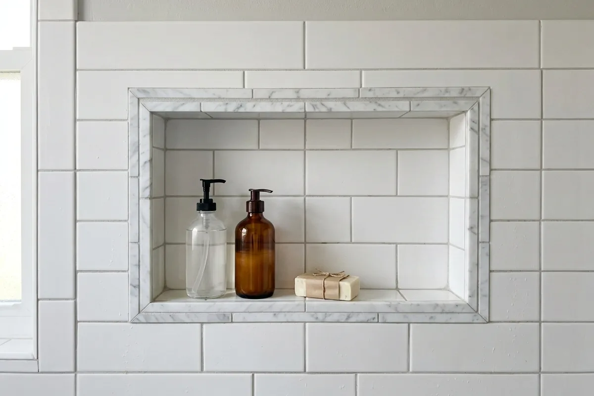 Built-in recessed tile niche in a shower wall, tiled to match surrounding tile with a contrasting accent liner