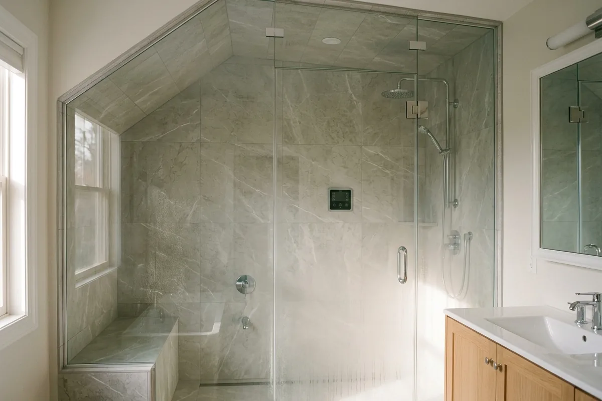 Walk-in shower converted to steam shower, with sealed glass enclosure, steam nozzle, and bench seating