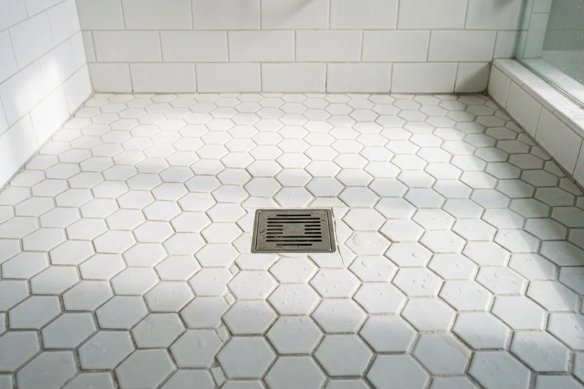 Walk-in shower floor with white hexagon mosaic tile and grey grout, coordinating with wall tile