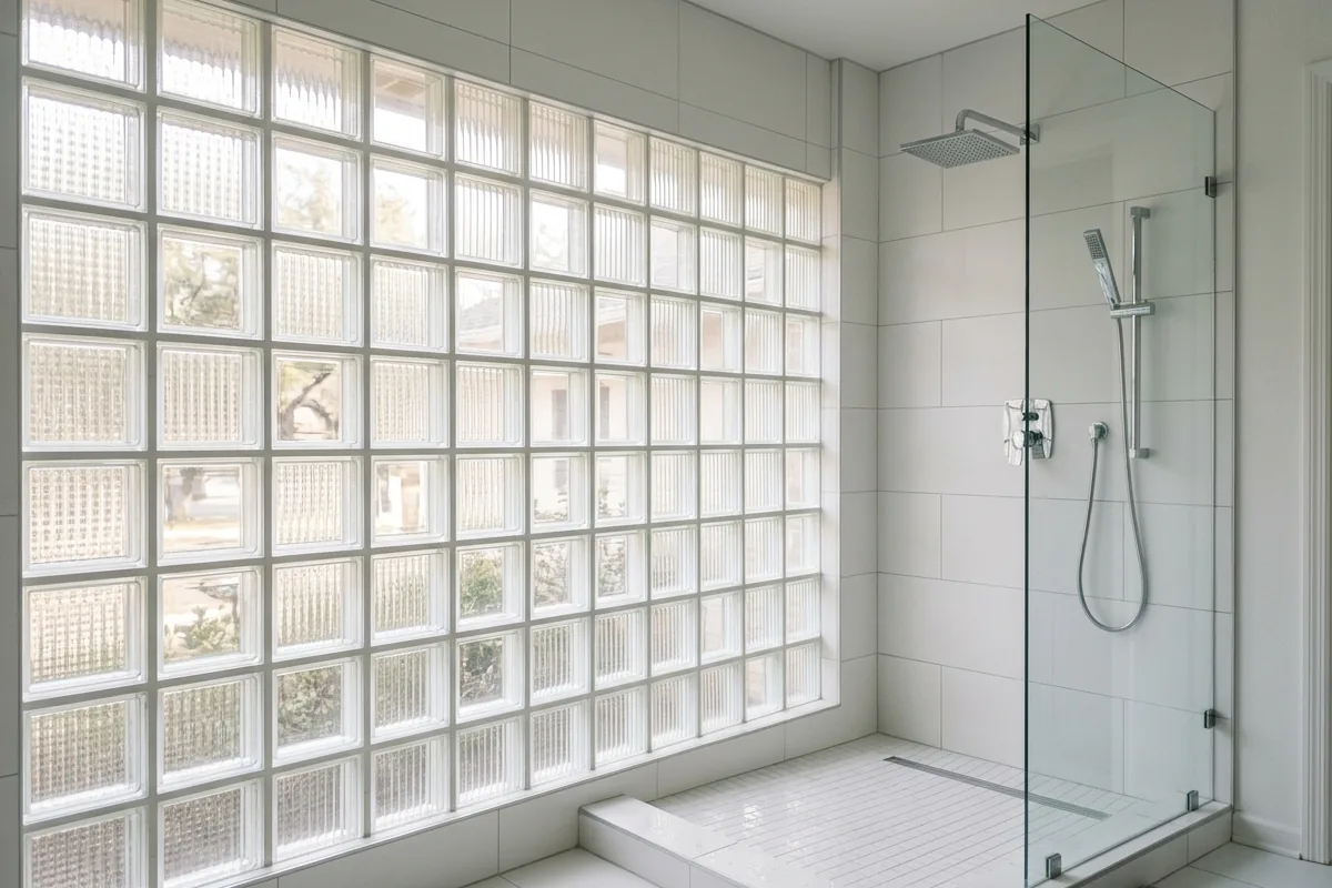 Walk-in shower with glass block wall on one side, allowing natural light while providing privacy