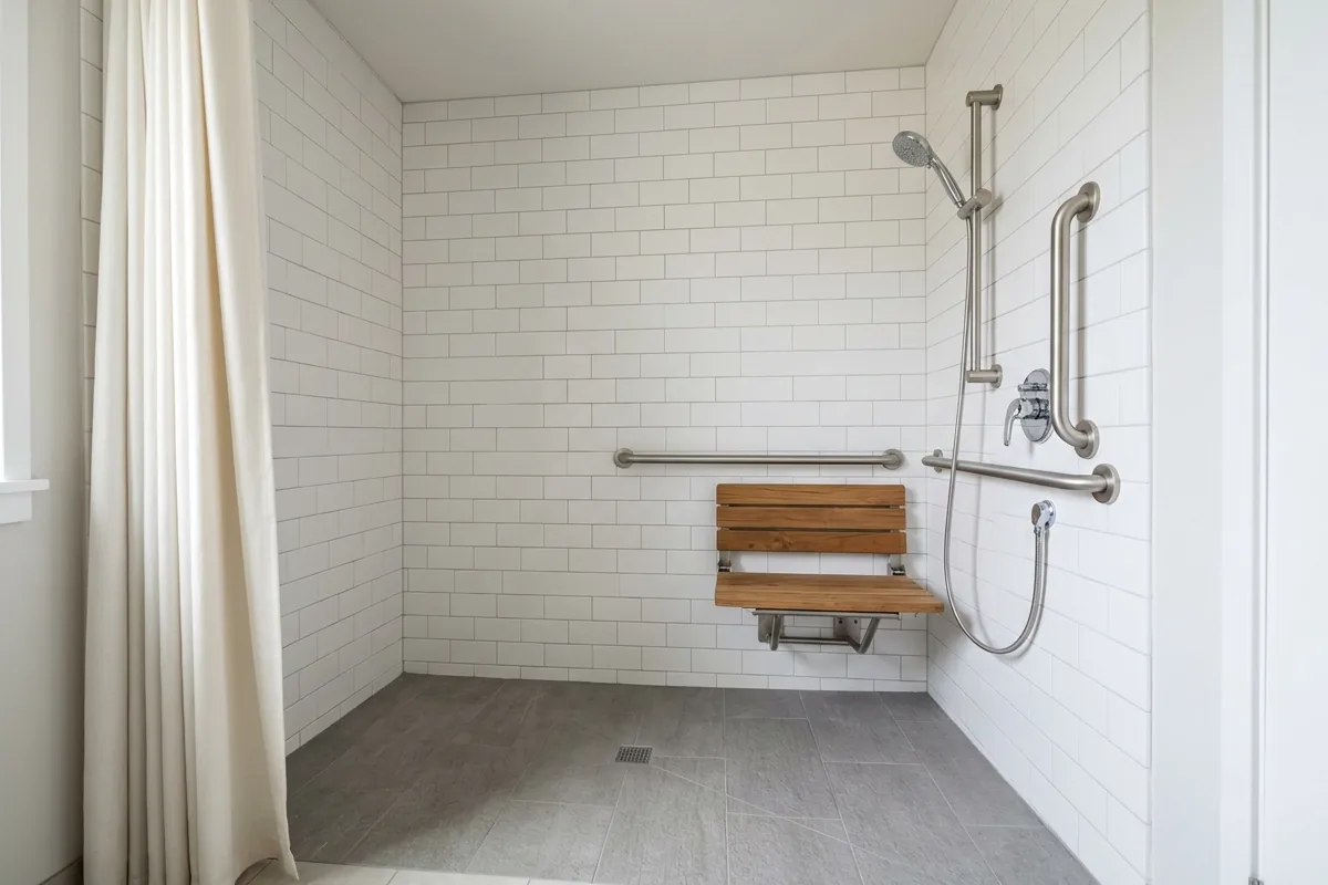 ADA-compliant walk-in shower with curbless entry, grab bars on side and back walls, and fold-down teak bench