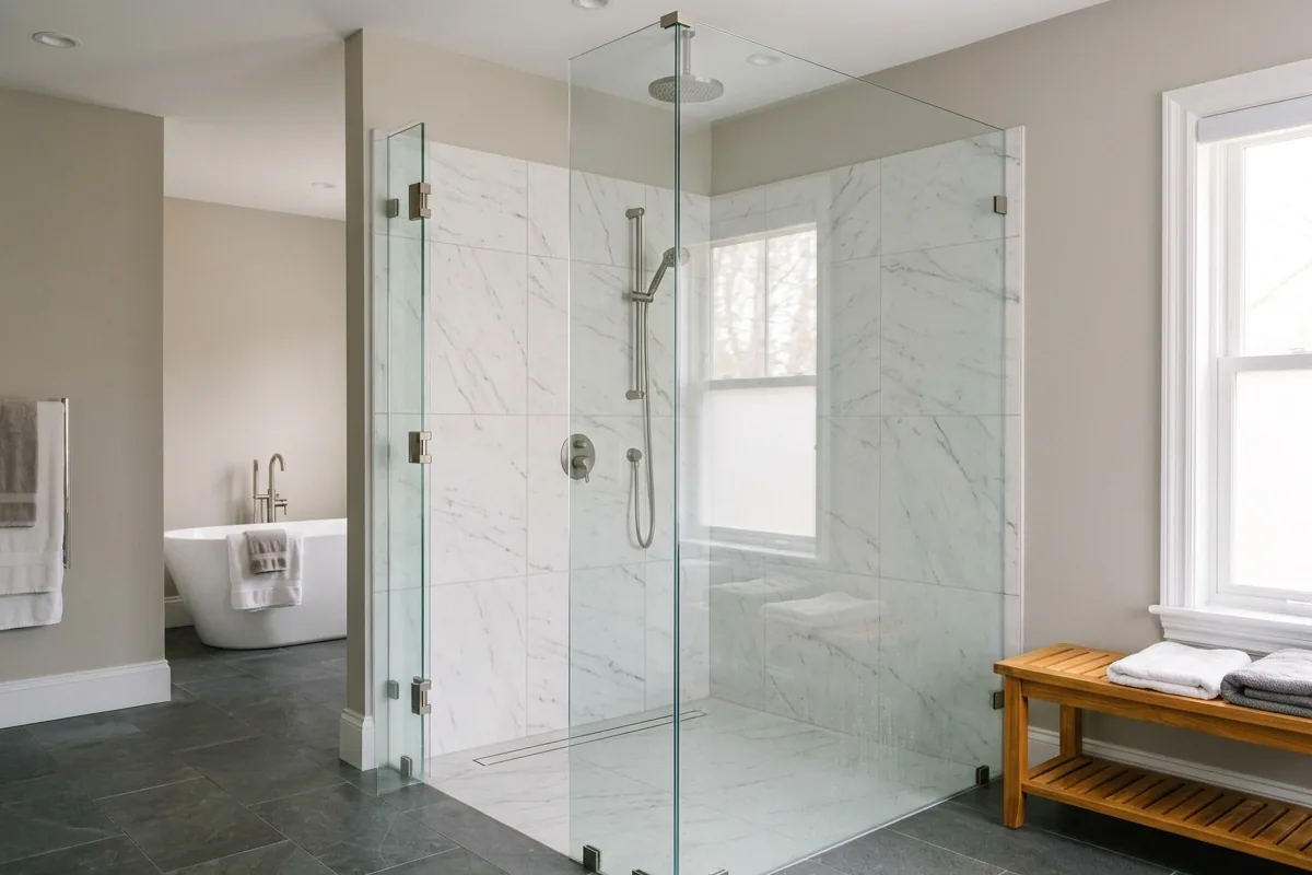 Walk-in shower with frameless glass panels on three sides