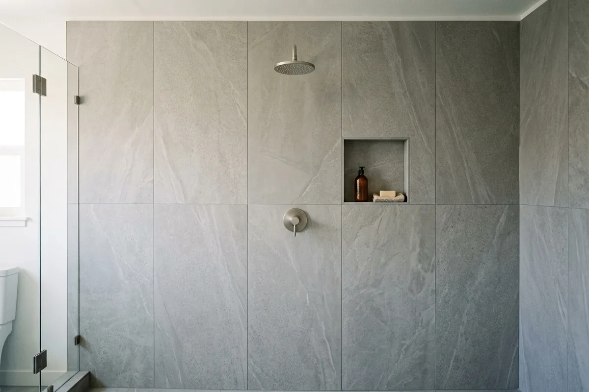 Walk-in shower with 24×48 large-format porcelain panels, minimal grout lines