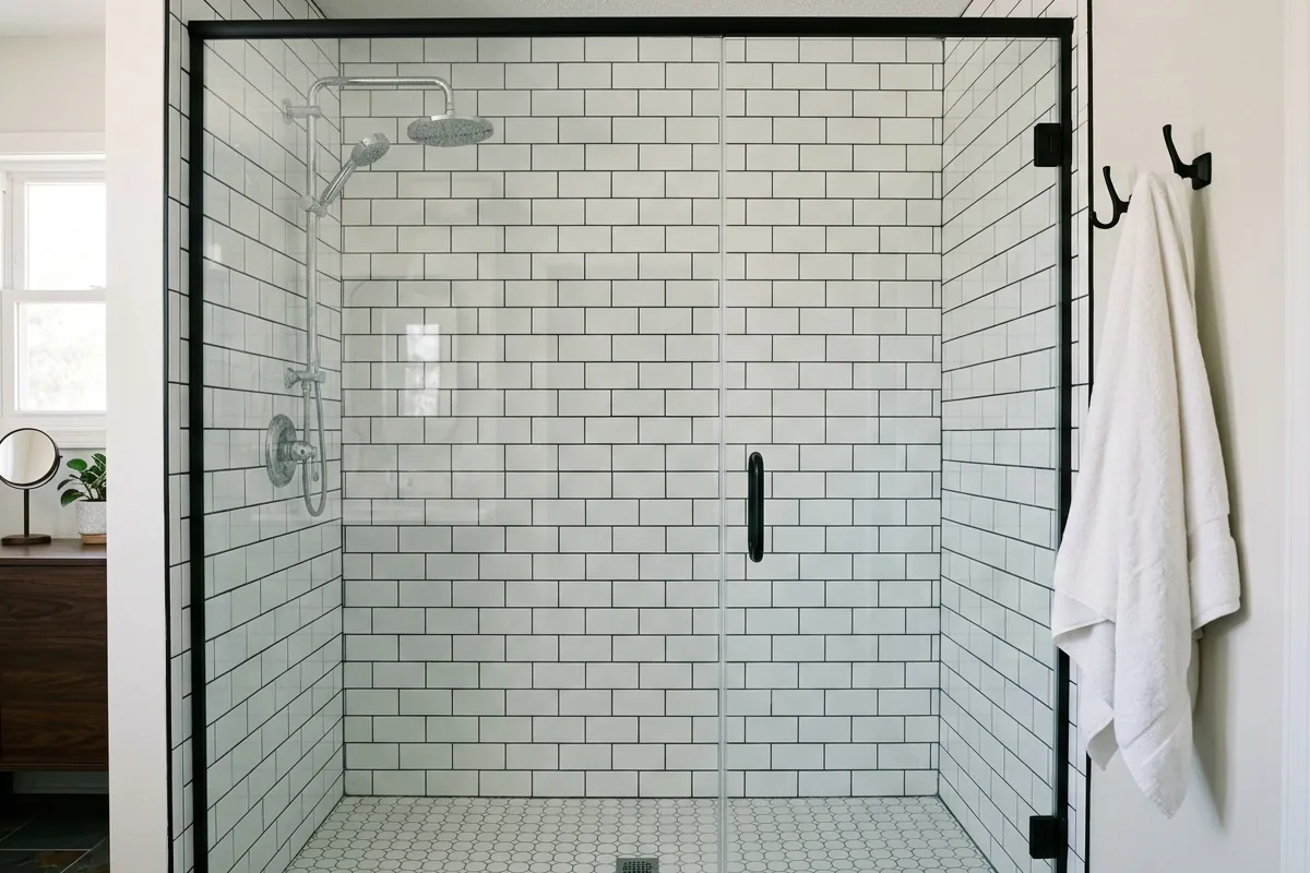 Walk-in shower with white subway tile and charcoal grey grout lines