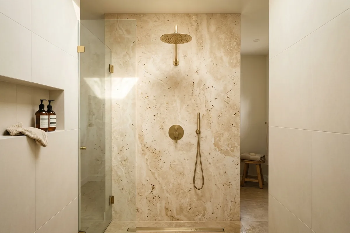 Walk-in shower with travertine stone accent wall behind the showerhead