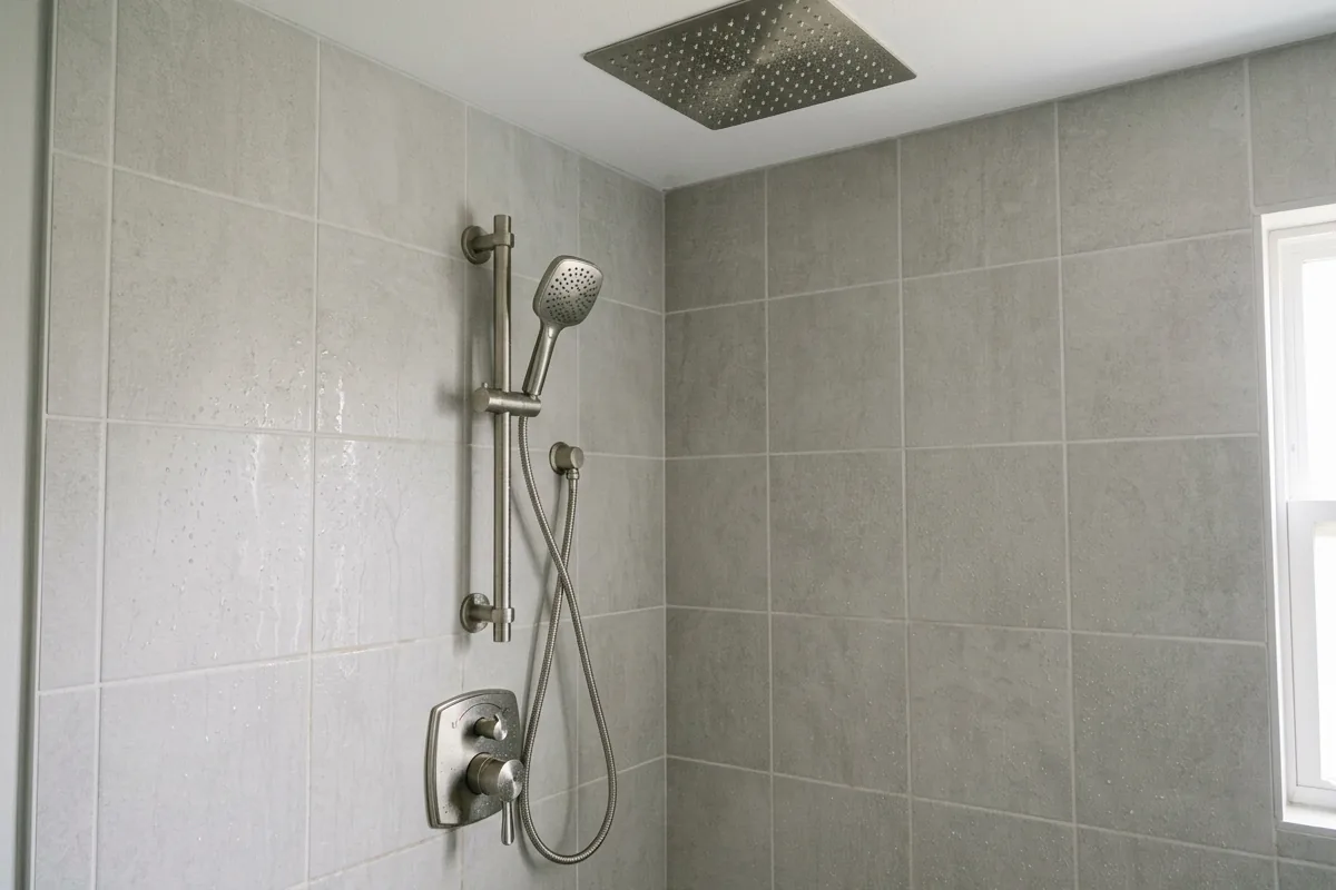 Ceiling-mounted rainfall showerhead with wall-mounted handheld on a slide bar