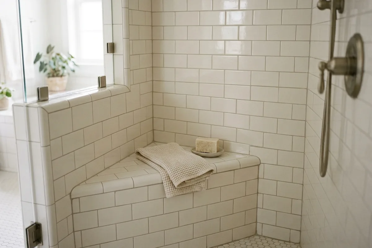 Corner built-in tile bench in a walk-in shower, tiled to match walls