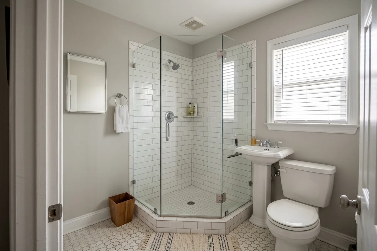 Corner walk-in shower with glass panel, making efficient use of a small bathroom footprint