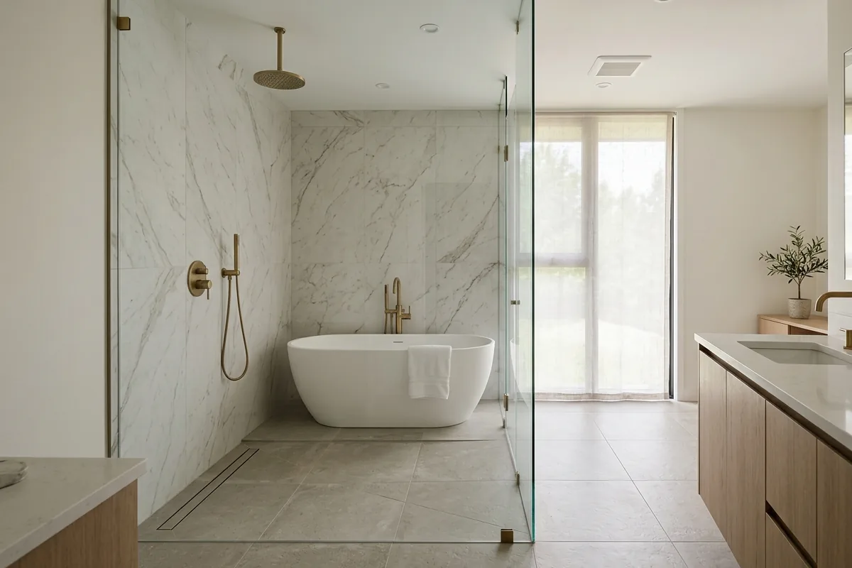 Master bathroom wet room with freestanding soaking tub and open walk-in shower area, fully waterproofed floor