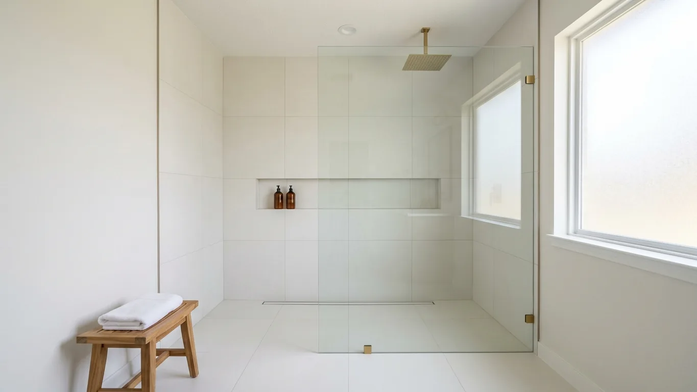 Curbless walk-in shower with frameless glass, large-format tile and a brushed gold rainfall showerhead