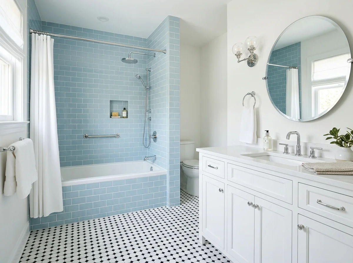Guest bathroom renovation with blue subway tile tub surround, white shaker vanity and round mirror, Conroe TX