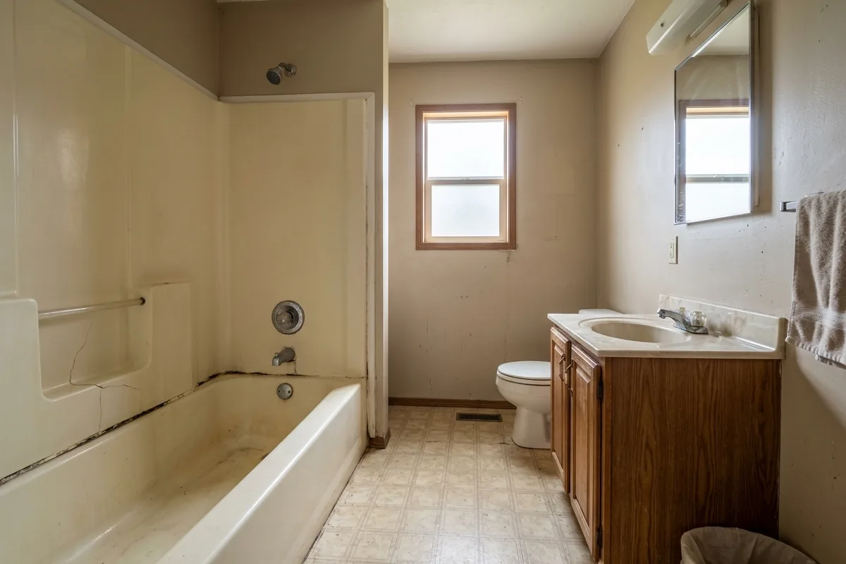 Dated bathroom with an alcove tub, fiberglass surround and old vanity before a tub-to-shower conversion