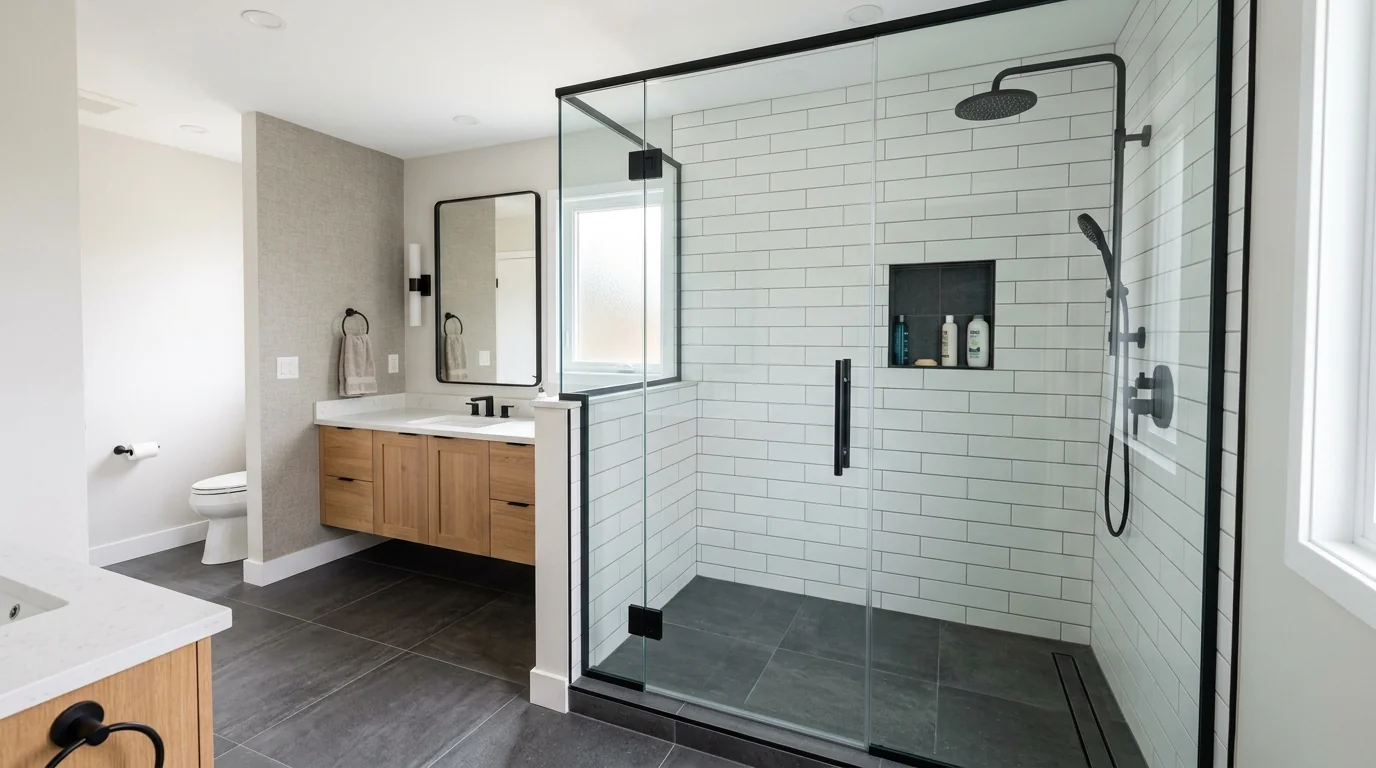 Completed tub-to-shower conversion with floor-to-ceiling tile, frameless glass and a rainfall showerhead