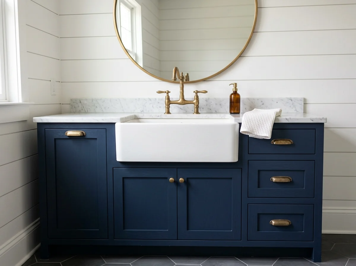 Navy shaker vanity with farmhouse sink, marble countertop and brass bridge faucet, Conroe TX