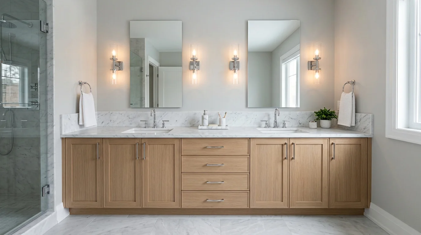 Double vanity installation with oak shaker cabinet, marble countertop and chrome sconces, Conroe TX